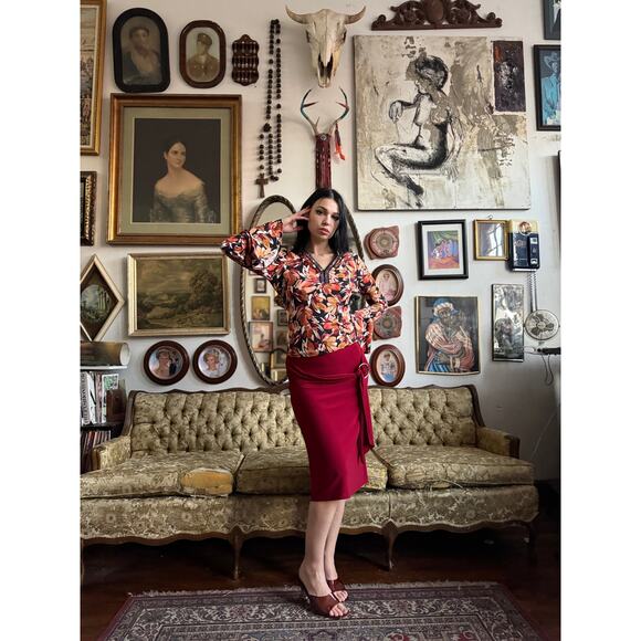 Y2k Cherry Red Knee Length Skirt w O-Ring Sash Size M - Picture 7 of 9